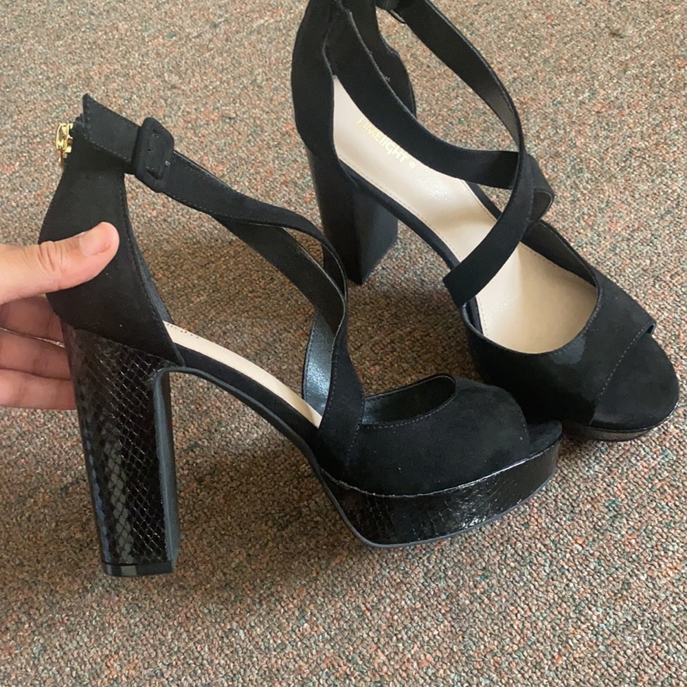 Black heels, open toe, size 10